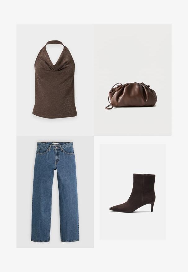 Braunes Neckholder-Top mit dezentem metallischem Schimmer und weich drapiertem Ausschnitt, flach auf hellem Hintergrund ausgelegt.; Blaue Jeans aus Denim mit geradem Schnitt, fünf Taschen, Knopfverschluss und kontrastierenden Nähten an den Säumen.; Braune Wildleder-Ankelstiefel mit spitzem Zehenbereich und 7,5 cm Absatz, ausgestattet mit einer glatten Textur und minimalistischen Design. Reißverschluss auf der Rückseite.; Weiche braune Lederbeuteltasche mit gerafftem oberen Teil und schmalem Riemen, auf weißem Hintergrund liegend.