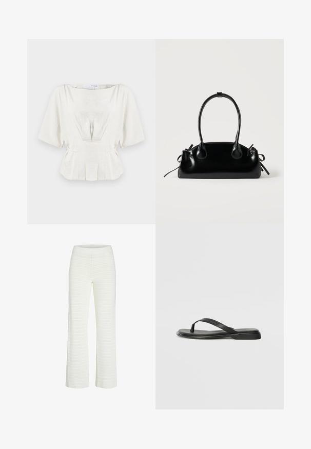 Blouse ivoire clair à manches courtes, avec des détails froncés et une taille peplum. Fabriquée en tissu texturé, elle présente de douces plis pour une structure.; Pantalons en maille blanche à côtes avec une coupe évasée et une taille élastique, présentant des rayures horizontales pour une texture et des détails.; Tongs noires en cuir lisse, avec un design de sangle fine et une semelle plate à profil minimal. Aucun motif ou accent notables.; Petit sac à main noir brillant avec deux longues anses et des détails à cordon sur les côtés sur un fond clair uni.