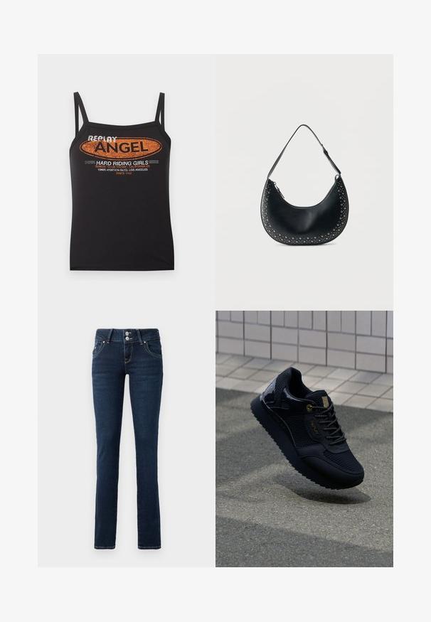 Débardeur noir à fines bretelles avec texte orange et blanc "Replay Angel Hard Riding Girls" et impression de l'adresse de Los Angeles à l'avant.; Jean skinny bleu marine avec fermeture à double bouton, poches avant et surpiqûre jaune sur fond blanc.; Baskets noires avec une tige en mesh, des accents brillants, des éléments en or, une semelle texturée et un col rembourré pour le confort.; Sac bandoulière croissant en cuir noir avec des clous argentés le long des bords et une sangle ajustable sur fond blanc.