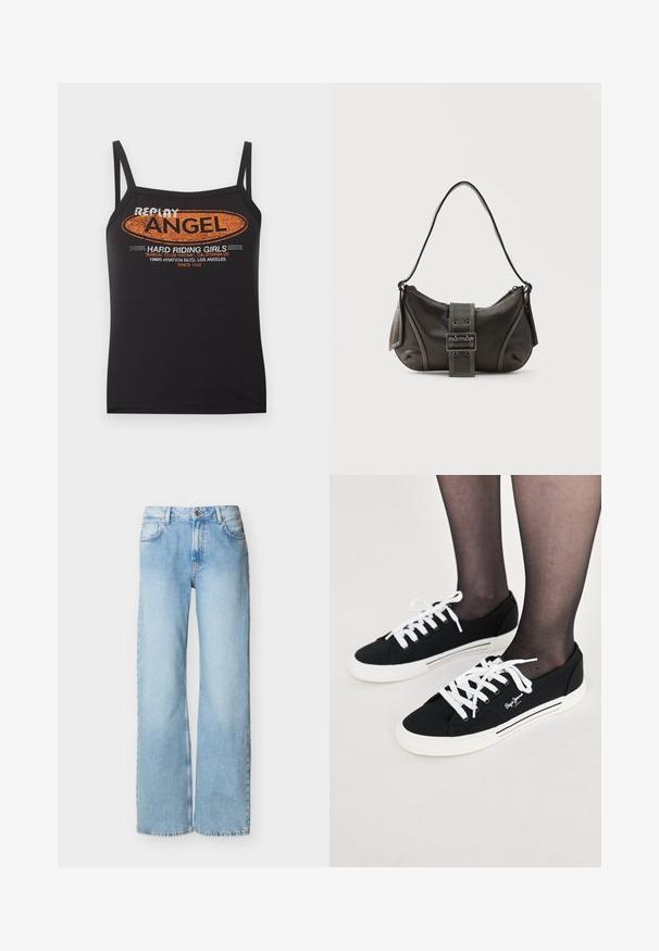 Débardeur noir à fines bretelles avec texte orange et blanc "Replay Angel Hard Riding Girls" et impression de l'adresse de Los Angeles à l'avant.; Jean en denim bleu clair taille haute à jambes larges avec fermeture à boutons et fermeture éclair à l'avant, poches avant et arrière, présenté sur fond blanc.; Baskets en toile noires avec lacets blancs, semelles en caoutchouc blanches et accents de rayures sur les côtés. Présente un logo sur les côtés extérieurs.; Sac à épaule en cuir noir avec une sangle à boucle, des bords arrondis et des coutures blanches contrastées sur un fond uni.