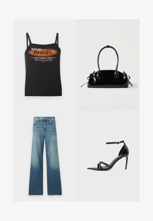 Débardeur noir à fines bretelles avec texte orange et blanc "Replay Angel Hard Riding Girls" et impression de l'adresse de Los Angeles à l'avant.; Jean en denim bleu taille haute avec une coupe large, poches avant, fermeture par boutons et détails délavés sur les cuisses et le bas des jambes.; Sandale à talon haut en cuir verni noir avec fine bride à la cheville, bout ouvert et design minimaliste sur fond clair uni.; Petit sac à main noir brillant avec deux longues anses et des détails à cordon sur les côtés sur un fond clair uni.