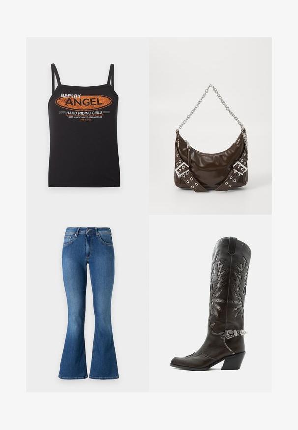 Sort spaghetti-strop top med orange og hvid tekst "Replay Angel Hard Riding Girls" samt tryk af adresse i Los Angeles på forsiden.; Bredde blå denim jeans med en mellemhøj talje, der har fem lommer, en knaplukning og diskret falmning langs benene.; Sort læder cowboystøvle med dekorative udskæringer, sølvspænde og skrå hæl, vist på hvid baggrund.; Mørkebrunt patentlæder håndtaske med sølv kæderekke, dekorerede dobbelte spænder og lynlås lukning.