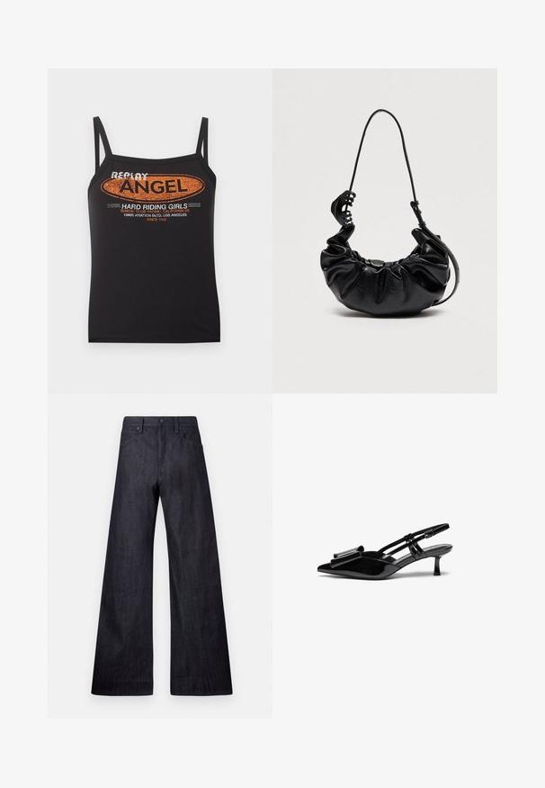 Sort spaghetti-strop top med orange og hvid tekst "Replay Angel Hard Riding Girls" samt tryk af adresse i Los Angeles på forsiden.; Bredde ben mørke denim jeans med en glat tekstur, traditionelt fem-lomme design og en subtil glans med en knaplukning.; Sorte patenterede læderslingbacks med spids tå, en sløjfedetalje foran og en lille stilettohæle. Remmene har justerbare spænder.; Sort skindtaske med rynkede detaljer, justerbar skulderrem og stort sort hårspænde fastgjort til remmen på ensfarvet baggrund.