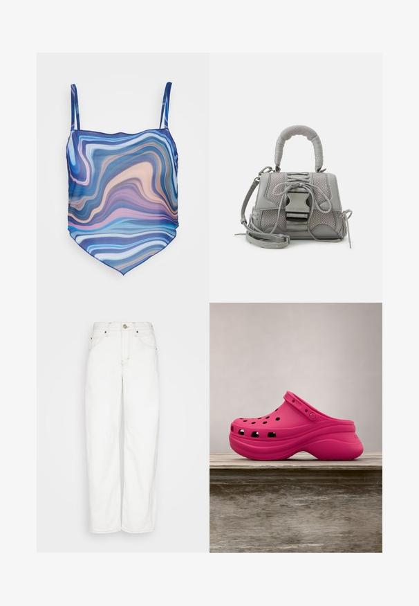 Neon & Nylon SIGNE STRAP SCARF - Top - directoire blue; BDG Urban Outfitters LOGAN CINCH - Džínsy s rovným strihom - white; Jasne ružové gumené klobúkové topánky s ventilačnými otvormi, zadným pásikom a zakrivenou platformou pre pohodlie. Elegantná a hladká textúra po celom povrchu.; Sivá textúrovaná kabelka s polstrovanou rukoväťou, sieťovými akcentmi, nastaviteľným remienkom a predným uzávierom. Kompaktný dizajn s guľatým tvarom.