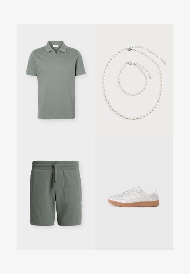 Polo à manches courtes vert sauge texturé avec col ouvert et sans boutons, présenté à plat sur fond blanc.; Shorts vert olive à texture tricotée avec cordon de serrage, taille élastique et poches latérales, présentés sur un fond uni.; Baskets argentées avec une texture lisse, un design à lacets, des accents perforés et une semelle en caoutchouc marron texturé.; Collier de perles et bracelet assorti avec fermoirs en chaîne argentée disposés sur un fond blanc.