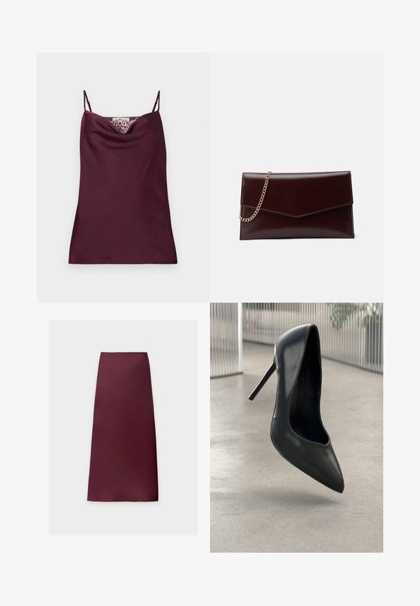 Caraco en satin bordeaux profond sans manches avec fines bretelles réglables et détail en dentelle le long du décolleté bénitier.; Jupe midi droite de couleur bordeaux foncé unie, en tissu lisse sans motifs ni ornements visibles.; Escarpin noir en cuir verni à talons hauts avec bout pointu, au design élégant et sans hardware visible. Texture lisse et style minimaliste.; Sac à main en cuir de couleur bordeaux foncé avec un design en forme d'enveloppe. Il dispose d'une anse en chaîne dorée, d'une texture lisse et d'une fermeture en pointe.