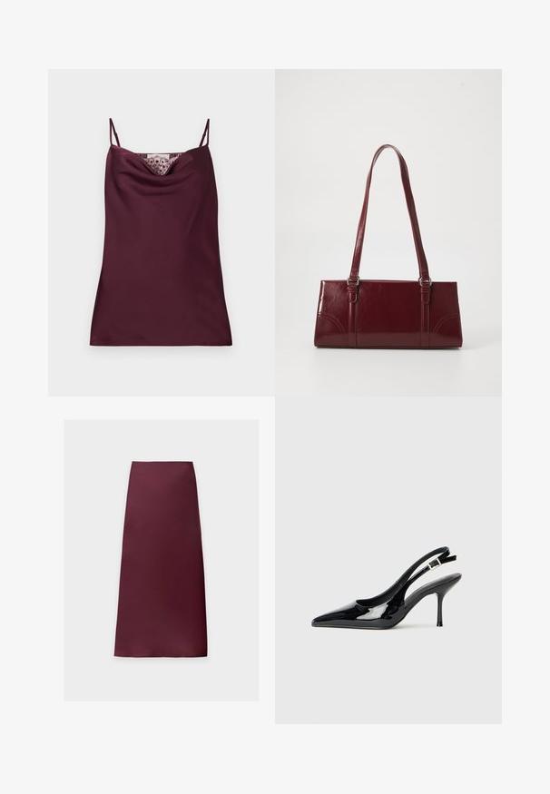 Ärmelloses, tief bordeauxfarbenes Satin-Camisole-Top mit dünnen, verstellbaren Trägern und Spitzenakzenten entlang des Wasserfallausschnitts.; Gerader Midi-Rock in einfarbigem dunklem Burgunderrot mit glattem Stoff und ohne sichtbare Muster oder Verzierungen.; Schwarze Lackleder Slingback-Pumps mit einer spitzen Zehe und schlankem Absatz. Mit einem verstellbaren Schnallenriemen hinten. Glatte Textur.; Burgunderfarbene Handtasche aus glänzendem Material, rechteckige Form, mit zwei Schulterriemen und subtilen, geschwungenen Akzenten an der Vorderseite.
