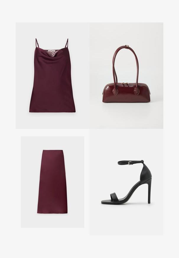 Ærmeløs dyb burgundy satin camisole top med tynde justerbare stropper og blonder detaljer langs cowl-halsudskæringen.; Midi-nederdel i lige snit i ensfarvet mørk bordeaux med glat stof og uden synlige mønstre eller pynt.; Sort højhælet sandal med et sleek design, der har en ankelrem, åben tå og glat lædertekstur.; Bordeaux læder skuldertaske med en buet form, dobbelt håndtag, lynlås lukning og subtile sømdetaljer. Glat, højglans finish.