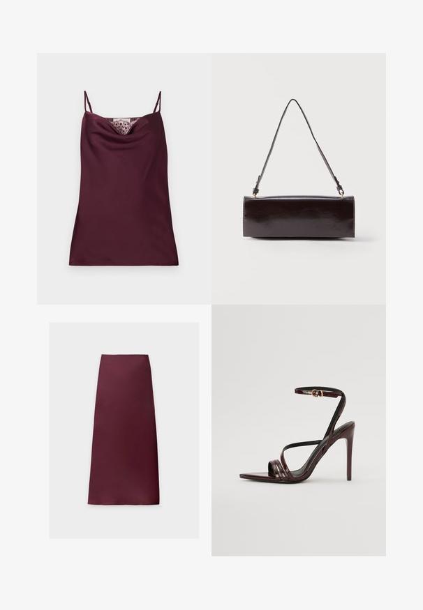 Mouwloze diep bordeaux satijnen camisole top met dunne verstelbare bandjes en kantdetail langs de watervalhalslijn.; Rechte midi-rok in effen donker bordeauxkleur met gladde stof en zonder zichtbare patronen of versieringen.; Bordeaux gepatineerde leren hoge hakken sandaal met een enkelbandje, puntige neus en drie horizontale banden over de voet. Details met gouden gesp.; Rechthoekige zwarte leren handtas met een enkele lange schouderband en een glanzende afwerking, weergegeven tegen een effen witte achtergrond.