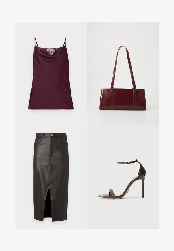 Ærmeløs dyb burgundy satin camisole top med tynde justerbare stropper og blonder detaljer langs cowl-halsudskæringen.; Brun læder midi-nederdel med en frontslids, femlomme-design og metal-knap lukning. Glat tekstur og skræddersyet pasform.; Brune højhælede sandaler med en slank ankelrem og en flad tårem. Glat lædertekstur med spids tå og stiletto hældesign.; Bordeaux håndtaske lavet af glansfuldt materiale, rektangulær form, med to skulderremme og subtile buede detaljer på forsiden.