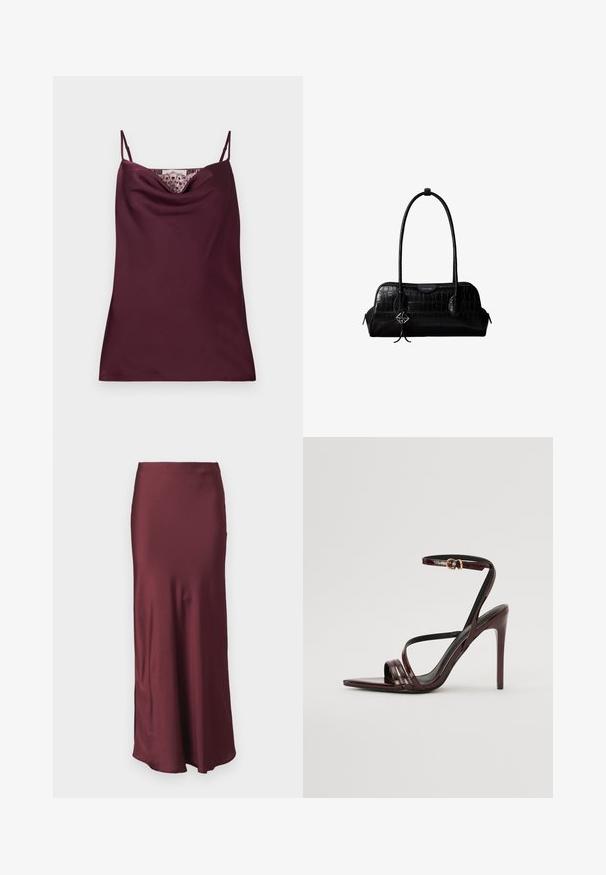 Ærmeløs dyb burgundy satin camisole top med tynde justerbare stropper og blonder detaljer langs cowl-halsudskæringen.; Bourgogne satin maxiskør med en tætsiddende talje og svajet kant, der har en glat tekstur uden synlige mønstre eller forskønnelser.; Bordeaux laker læder højhælede sandal med ankelrem, spids tå og tre vandrette remme over foden. Detalje med spænde i guldtonet.; Sort skuldertaske i krokodillelæder med lange stropper og lille sølvlogo-charm på den ene strop.