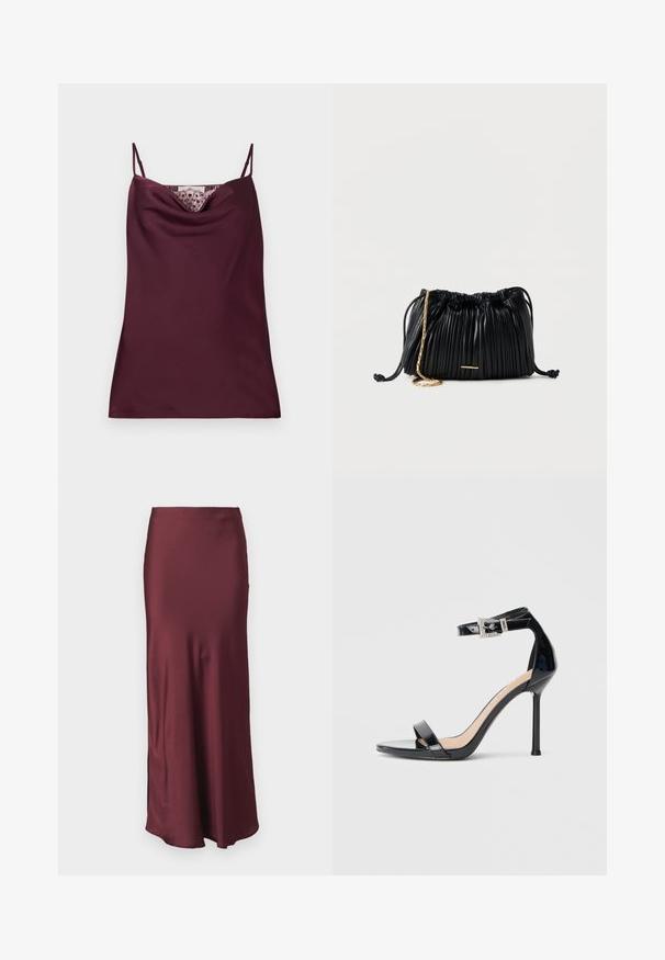 Ärmelloses, tief bordeauxfarbenes Satin-Camisole-Top mit dünnen, verstellbaren Trägern und Spitzenakzenten entlang des Wasserfallausschnitts.; Burgunder satinhult lange Rock mit tailliertem Bund und ausgestellt Saum, der eine glatte Textur aufweist und keine sichtbaren Muster oder Verzierungen hat.; Schwarzer Riemchensandale aus Lackleder mit hohem Absatz und Knöchelriemen. Verfügt über ein minimalistisches Design, offene Zehenpartie und eine Schnalle mit Strassakzenten.; Schwarze, plissierte Ledertasche mit Kordelzug, goldener Kettenriemen und kleinem, horizontalem goldfarbenem Akzent auf der Vorderseite.