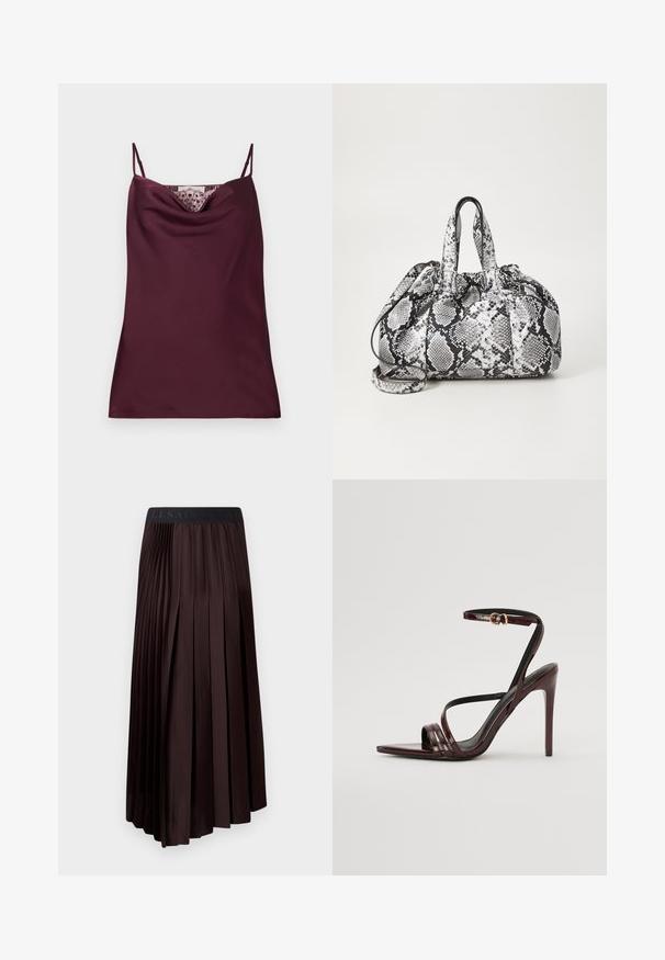 Ærmeløs dyb burgundy satin camisole top med tynde justerbare stropper og blonder detaljer langs cowl-halsudskæringen.; Mørkebrune, plisserede midi-skjorter med en glat tekstur, der har en elastisk talje og et logo-detalje øverst.; Bordeaux laker læder højhælede sandal med ankelrem, spids tå og tre vandrette remme over foden. Detalje med spænde i guldtonet.; Håndtaske med sort og hvid slidmønster, to håndtag, snøre lukning og aftagelig skulderrem. Glat tekstur.