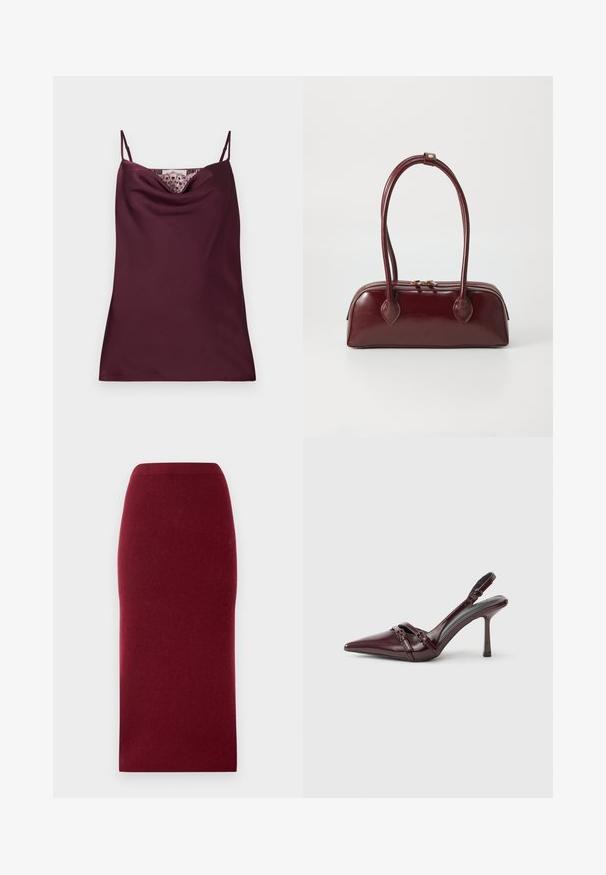 Ærmeløs dyb burgundy satin camisole top med tynde justerbare stropper og blonder detaljer langs cowl-halsudskæringen.; Bordeaux strik midi-nederdel med en tætsiddende silhuet, glat tekstur og en talje. Ingen synlige sømme eller mønstre. Ensfarvet hele vejen igennem.; Bourgogne laklæder slingback-hæl med spids tå, tynd ankelrem og lille dekorativ spænde. Glat tekstur og høj hæl.; Bordeaux læder skuldertaske med en buet form, dobbelt håndtag, lynlås lukning og subtile sømdetaljer. Glat, højglans finish.