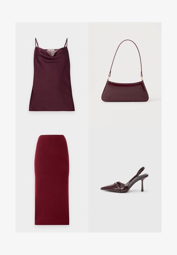 Ærmeløs dyb burgundy satin camisole top med tynde justerbare stropper og blonder detaljer langs cowl-halsudskæringen.; Bordeaux strik midi-nederdel med en tætsiddende silhuet, glat tekstur og en talje. Ingen synlige sømme eller mønstre. Ensfarvet hele vejen igennem.; Bourgogne laklæder slingback-hæl med spids tå, tynd ankelrem og lille dekorativ spænde. Glat tekstur og høj hæl.; Mørk burgunderglans håndtaske med et enkelt tyndt håndtag og en elegant, trapezformet form på en ensartet lys baggrund.