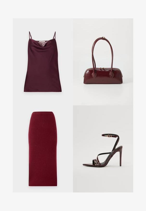 Ärmelloses, tief bordeauxfarbenes Satin-Camisole-Top mit dünnen, verstellbaren Trägern und Spitzenakzenten entlang des Wasserfallausschnitts.; Burgunderfarbene Strick-Midi-Rock mit einer taillierten Silhouette, glatter Textur und einem Bund. Keine sichtbaren Nähte oder Muster. Einheitliche Farbe durchgängig.; Bordeaux-farbenes Lackleder-High-Heel-Sandale mit einem Knöchelriemen, spitzem Zehenbereich und drei horizontalen Riemen über dem Fuß. Details mit goldfarbener Schnalle.; Burgunderfarbene Ledertasche mit geschwungener Form, doppelten Tragegriffen, Reißverschlussverschluss und dezenten Steppdetails. Glatte, hochglänzende Oberfläche.