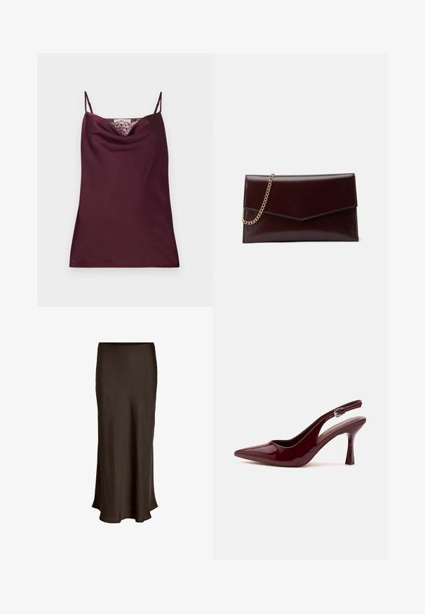 Ærmeløs dyb burgundy satin camisole top med tynde justerbare stropper og blonder detaljer langs cowl-halsudskæringen.; VILA VIELLETTE HW MIDI SKIRT - NOOS - Maxinederdele - coffee bean; Skinnende mørkerød spids tå slingback højhælet sko med en tynd justerbar rem og spids stilethæl på hvid baggrund.; Læder clutch i mørk burgundy med en kuvertdesign. Har en guldkædebærer, glat overflade og en spids flaplukning.