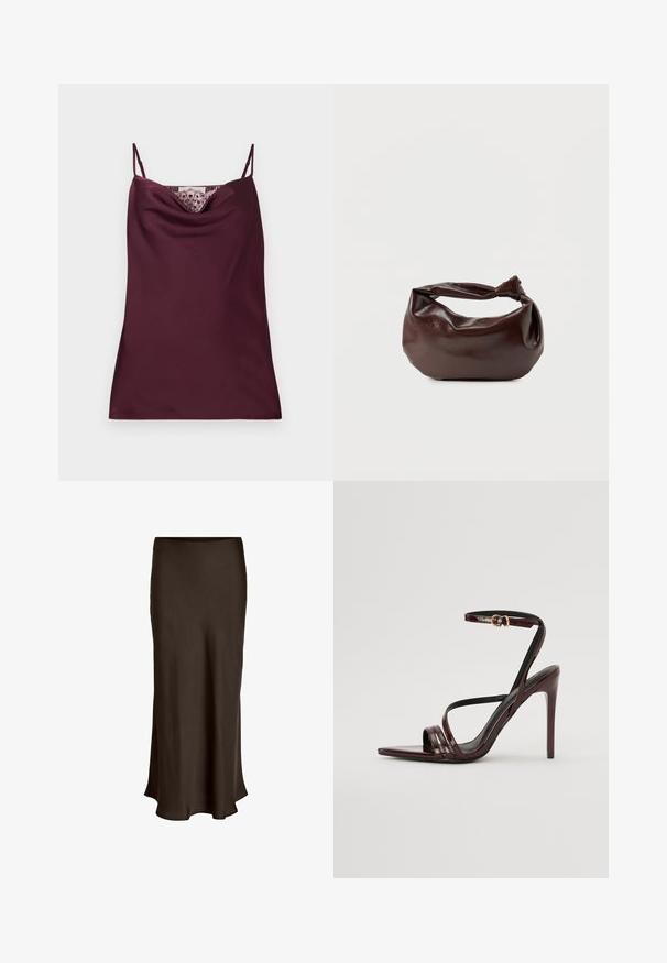 Ærmeløs dyb burgundy satin camisole top med tynde justerbare stropper og blonder detaljer langs cowl-halsudskæringen.; VILA VIELLETTE HW MIDI SKIRT - NOOS - A-snit nederdel - coffee bean; Bordeaux laker læder højhælede sandal med ankelrem, spids tå og tre vandrette remme over foden. Detalje med spænde i guldtonet.; Mørkebrun læder skuldertaske med en blød, afslappet form og et snoet knudehåndtag på en ensartet hvid baggrund.