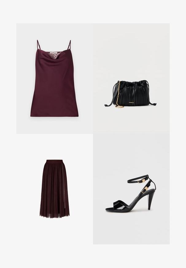 Caraco en satin bordeaux profond sans manches avec fines bretelles réglables et détail en dentelle le long du décolleté bénitier.; Jupe midi en tulle bordeaux foncé avec une large taille élastique et de longs rubans décoratifs sur les côtés.; Sandale à talon haut en cuir verni noir avec double bride de cheville et boucles dorées, bout ouvert, et talon effilé sur fond neutre.; Sac à main en cuir noir plissé avec cordon de serrage, bandoulière chaîne dorée et petit accent horizontal doré sur le devant.