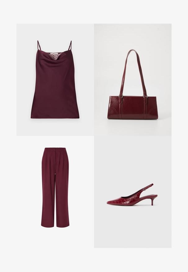 Mouwloze diep bordeaux satijnen camisole top met dunne verstelbare bandjes en kantdetail langs de watervalhalslijn.; Wijd-uitlopende broek in bordeauxrode stof, met voorplooien en een elastische tailleband. Gladde textuur, full-length ontwerp.; Bordeaux lederen slingback pump met krokodillenstructuur, puntige neus, verstelbare gesp en lage kittenhak op een witte achtergrond.; Bourgondische handtas van glanzend materiaal, rechthoekige vorm, met twee schouderbanden en subtiele gebogen accenten aan de voorkant.