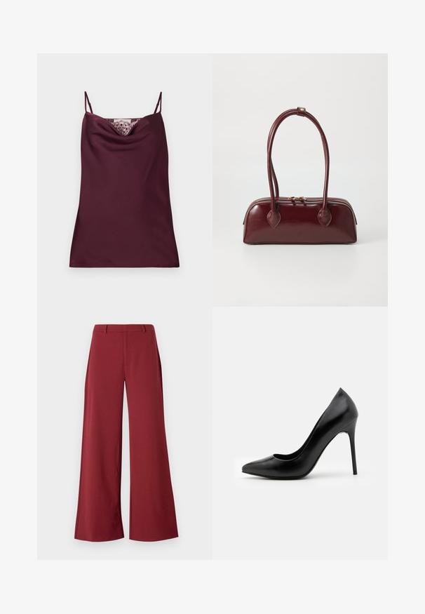 Mouwloze diep bordeaux satijnen camisole top met dunne verstelbare bandjes en kantdetail langs de watervalhalslijn.; Wijdvallende broek in een diepe bordeauxkleur. Gemaakt van een soepele, rekbare stof met op maat gemaakte naden en een rits aan de voorkant.; Zwarte leren high heel pump met een spitse neus en een gladde textuur. Kenmerkt zich door een slanke stilettohak en een laag uitgesneden vamp ontwerp.; Bordeaux leren handtas met een gebogen vorm, dubbele handvatten, ritssluiting en subtiele stiksels. Gladde, hoogglanzende afwerking.