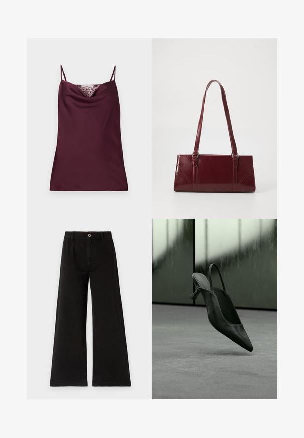 Top de satén burdeos oscuro sin mangas con tirantes finos ajustables y detalle de encaje a lo largo del escote estilo cascada.; Pantalones anchos negros, hechos de algodón texturizado, presentan un cierre de botón en la parte frontal, trabillas para el cinturón y dobladillos rectos con detalles de costura limpia.; Zapato de tacón alto con punta puntiaguda y talón destalonado de cuero negro flotando sobre un suelo alfombrado gris, fondo de pared verdosa borrosa.; Bolso burdeos hecho de material brillante, de forma rectangular, con dos asas para el hombro y sutiles acentos curvados en la parte frontal.