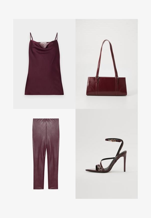 Ärmelloses, tief bordeauxfarbenes Satin-Camisole-Top mit dünnen, verstellbaren Trägern und Spitzenakzenten entlang des Wasserfallausschnitts.; Burgunderfarbene Leggings aus Kunstleder mit glatter Textur, hoher Taille und enganliegendem Design, das bis zu den Knöcheln reicht, ohne zusätzliche Details.; Bordeaux-farbenes Lackleder-High-Heel-Sandale mit einem Knöchelriemen, spitzem Zehenbereich und drei horizontalen Riemen über dem Fuß. Details mit goldfarbener Schnalle.; Burgunderfarbene Handtasche aus glänzendem Material, rechteckige Form, mit zwei Schulterriemen und subtilen, geschwungenen Akzenten an der Vorderseite.