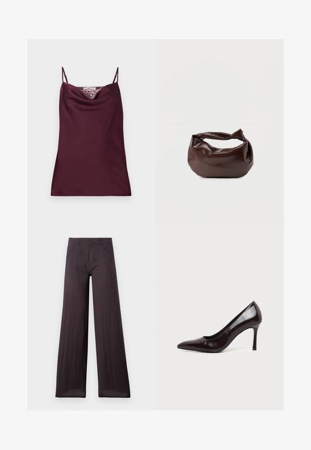 Caraco en satin bordeaux profond sans manches avec fines bretelles réglables et détail en dentelle le long du décolleté bénitier.; Pantalons larges gris foncé en tissu léger et texturé avec une finition lisse, dotés de poches frontales et d'une taille classique.; Chaussure à talon haut en cuir noir à bout pointu avec un talon aiguille fin sur un fond clair uni.; Sac bandoulière en cuir marron foncé avec une forme souple et décontractée et une anse nouée torsadée sur un fond blanc uni.