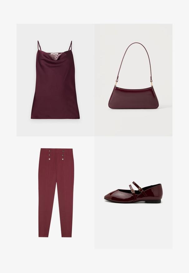 Ärmelloses, tief bordeauxfarbenes Satin-Camisole-Top mit dünnen, verstellbaren Trägern und Spitzenakzenten entlang des Wasserfallausschnitts.; Bordeauxfarbene, maßgeschneiderte Hosen mit Seitentaschen, die eine glatte Textur aufweisen und über vier dekorative silberne Knöpfe am Bund verfügen.; Anna Field by Zalando Riemchenballerina - dark red; Dunkelburgunderfarbene, glänzende Handtasche mit einem einzigen dünnen Griff und einer schlanken, trapezförmigen Form auf einem schlichten hellen Hintergrund.