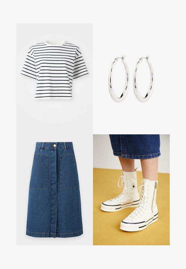 Kurzärmliges, cropped T-Shirt aus weißem Stoff mit navyblauen Horizontalstreifen. Hat einen runden Halsausschnitt und eine lockere Passform.; Dunkelblauer Jeansrock knielang mit vorderer Knopfleiste, Gürtelschlaufen und zwei großen vorderen aufgesetzten Taschen.; Weiße High-Top-Sneaker mit Reißverschluss, Schnürdesign und schwarzen Streifenakzenten auf einer dicken Sohle. Texturiertes Canvas-Material.; Silberne Creolen mit einer glatten, glänzenden Oberfläche. Kreisform, ausgestattet mit einem sicheren Verschluss. Einfaches und elegantes Design.