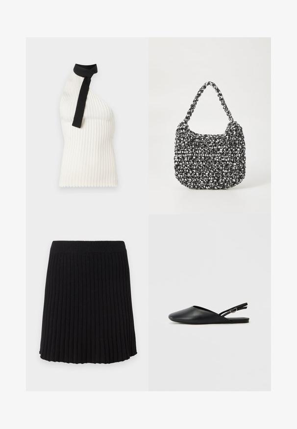 Top sin mangas blanco de canalé con un lazo negro alrededor del cuello, que presenta un diseño ajustado y un dobladillo con forma de ondulación.; Falda de punto negra con canalé y una cinturilla ancha, que presenta pliegues verticales y un dobladillo acampanado. Textura uniforme en toda la prenda.; Zapatos de cuero negro tipo slingback con punta afilada, diseño curvado y correa ajustable con hebilla. Textura suave, suela plana y detalles mínimos.; Bolso de mano tejido en blanco y negro con forma redondeada, superficie texturizada y asa trenzada. Adecuado para uso casual.