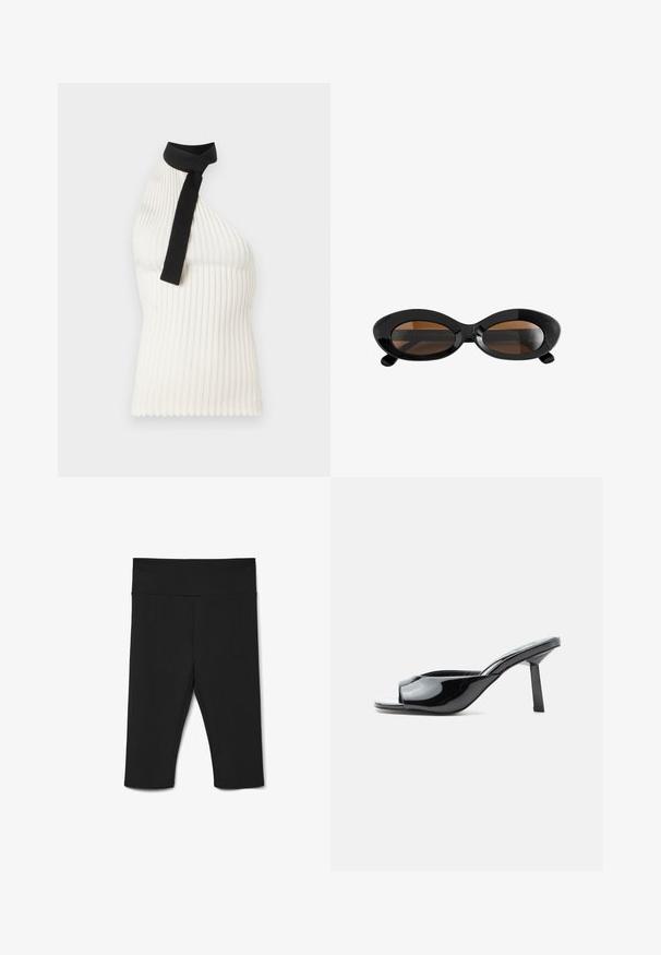 Top sin mangas blanco de canalé con un lazo negro alrededor del cuello, que presenta un diseño ajustado y un dobladillo con forma de ondulación.; Leggings negros hasta la rodilla hechos de un tejido elástico, con una cinturilla ancha y costuras planas para mayor comodidad. Sin patrones ni acentos visibles.; Zueco abierto de charol negro con tacón cuadrado de altura media y una correa curva en la parte delantera sobre fondo blanco.; Gafas de sol ovaladas negras con montura gruesa y lentes tintadas de color marrón, exhibidas sobre un fondo blanco.