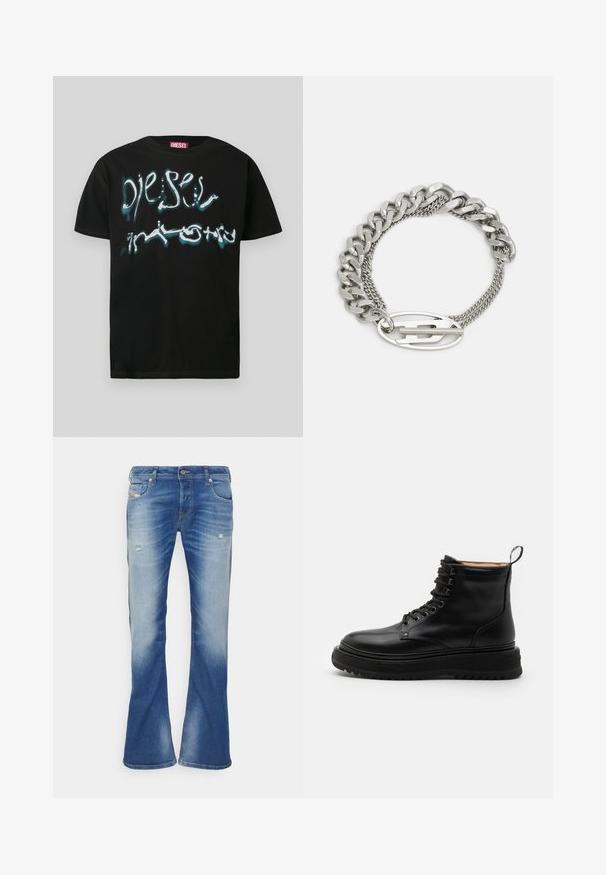 Camiseta negra de algodón con un llamativo logo gráfico en blanco y azul con efecto de goteo. Cuello redondo y mangas cortas.; Vaqueros bootcut desgastados en azul con ligero desgarro en los muslos delanteros y diseño clásico de cinco bolsillos sobre fondo blanco.; Sneaky Steve SLACK - Botines con cordones - black; Pulsera de cadena de plata con eslabones gruesos y una sección trenzada, terminada con un cierre curvado tipo candado y textura suave.