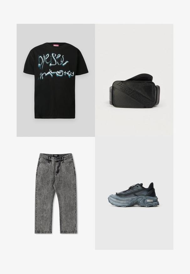 Camiseta negra de algodón con un llamativo logo gráfico en blanco y azul con efecto de goteo. Cuello redondo y mangas cortas.; Jeans de mezclilla gris con un acabado desgastado, diseño de pierna recta y estilo de cinco bolsillos. Presenta una etiqueta con "FORMER" en la cinturilla.; Zapatilla Diesel en negro y gris con suela gruesa, cierre de cordón y diseño texturizado sobre un fondo liso de color gris claro.; Cinturón negro con un diseño texturizado y un logotipo en relieve prominente. El material parece suave con un acabado similar al cuero.