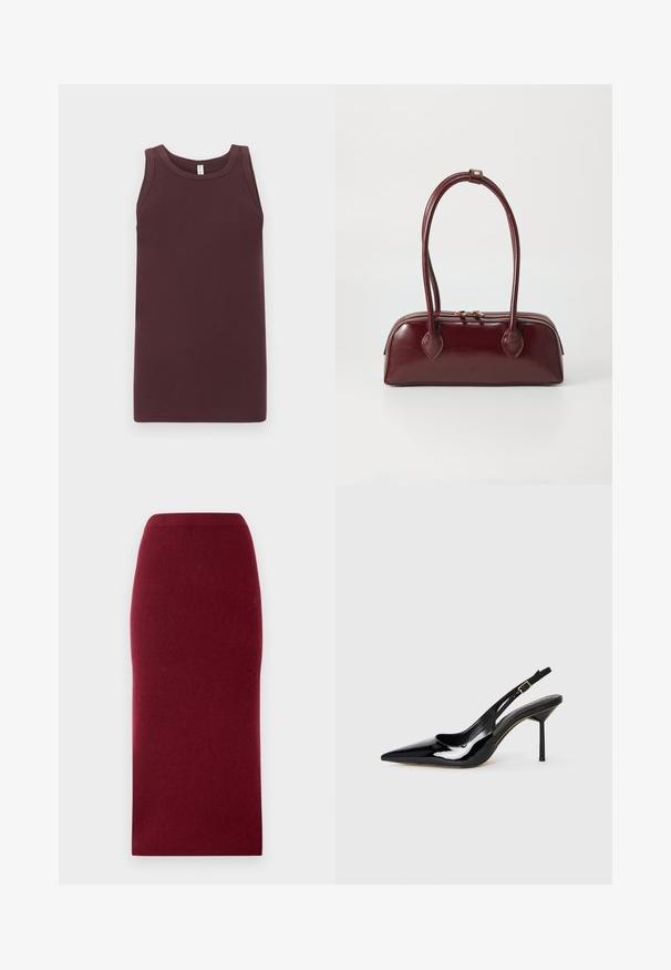 Mouwloos geribbeld tanktop in donkerbruin met een ronde hals, plat neergelegd tegen een lichtgrijze achtergrond.; Bordeaux gebreide midi-rok met een aansluitende silhouette, gladde textuur en een tailleband. Geen zichtbare naden of patronen. Effen kleur door het hele stuk.; Zwarte gepatineerde leren spitse slingback stiletto hak schoen met een dunne band en gouden gesp op een witte achtergrond.; Bordeaux leren handtas met een gebogen vorm, dubbele handvatten, ritssluiting en subtiele stiksels. Gladde, hoogglanzende afwerking.