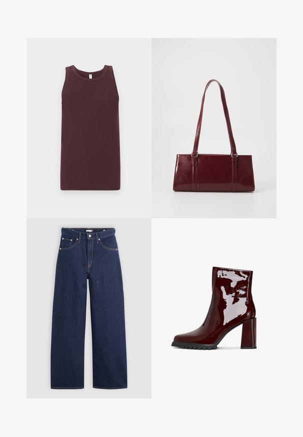 Ærmeløs ribbet tanktop i mørkebrun med rund halsudskæring, lagt fladt mod en lysegrå baggrund.; Mørkeblå denim brede ben jeans med høj talje, der har fem lommer, bæltestropper og detaljer med kobber stikninger. Glat tekstur.; Glatte bordeaux ankelstøvle med firkantet tå, kraftig gennemsigtig hæl og tekstureret sort sål. Glat overflade med en højglans finish.; Bordeaux håndtaske lavet af glansfuldt materiale, rektangulær form, med to skulderremme og subtile buede detaljer på forsiden.