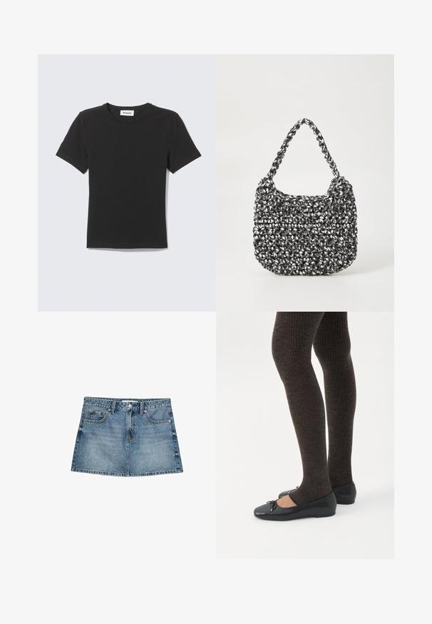 T-shirt noir à manches courtes col rond posé à plat avec une petite étiquette blanche à l'intérieur du col sur un fond clair.; Jupe en denim bleu clair, dotée de cinq poches, fermeture à boutons et ourlet légèrement évasé, avec une texture usée et des détails décolorés.; Jambes portant des leggings côtelés foncés associés à des ballerines noires avec de petits détails en nœud sur fond blanc.; Sac en osier noir et blanc de forme arrondie, avec une surface texturée et une poignée tressée. Convient à un usage décontracté.