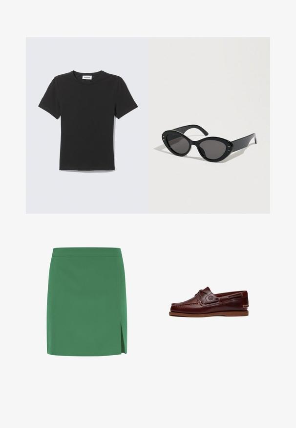 T-shirt noir à manches courtes col rond posé à plat avec une petite étiquette blanche à l'intérieur du col sur un fond clair.; Jupe mini verte avec une texture lisse, montrant une coupe droite et une fente latérale pour un détail supplémentaire. Design simple et sans ornements.; Chaussure bateau en cuir marron avec lacets, détails de couture et logo Timberland sur le côté, présentée sur un fond blanc.; Lunettes de soleil noires à forme œil de chat surdimensionnée. Montures en plastique lisse avec des verres foncés et de petits accents étoilés sur les côtés.
