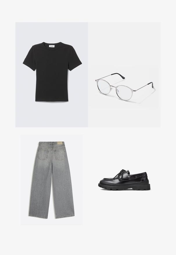 Sort T-shirt med korte ærmer og rund hals lagt fladt med et lille hvidt mærke inde i kraven mod en lys baggrund.; Grå vidbenede denimjeans der viser bagsiden med to lommer og bæltestropper lagt fladt på hvid baggrund.; Sorte læder bådsko med rund tå, snørebåndsdesign, syninger og en kraftig gummisål med et tekstureret grebmønster.; Metallic sølvbriller med runde linser og en tynd ramme. Sorte tempelspidser giver kontrast. Justerbare næsepuder medfølger.