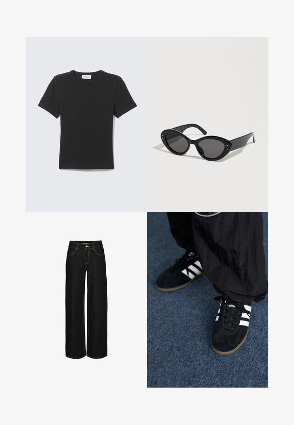 Sort T-shirt med korte ærmer og rund hals lagt fladt med et lille hvidt mærke inde i kraven mod en lys baggrund.; Sorte wide-leg jeans lavet af denim med kontrasterende gul syning. Har en knaplukning og flere lommer.; Sorte suedetrainingssko med tre hvide striber og sorte snørebånd. Et tekstureret sort bukser er delvist synligt ved siden af skoene.; Sorte solbriller med en stor cat-eye form. Glatte plaststel med mørke linser og små stjerne-accentsider.