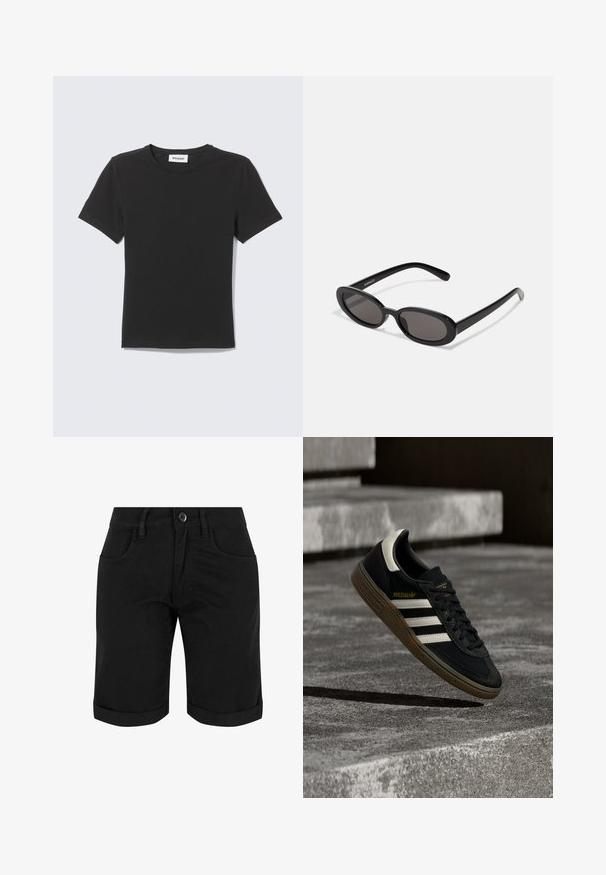 Sort T-shirt med korte ærmer og rund hals lagt fladt med et lille hvidt mærke inde i kraven mod en lys baggrund.; Sorte bomuldsshorts med knaplukning, der har opsmøg, to frontlommer og en glat tekstur.; Sort Adidas-sneaker med hvide striber og gummisåler, svævende over grå betontrapper i naturligt lys.; Even&Odd Solbriller - black