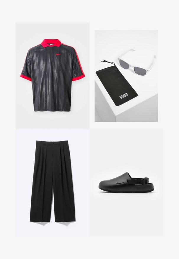 Schwarzes Poloshirt mit kurzen Ärmeln, rotem Kragen und rotem Bündchen, dezenten vertikalen Streifen mit "Nike"-Text und rotem Nike-Swoosh-Logo auf der Brust.; Schwarze Weithose mit vorderen Falten, Gürtelschlaufen und Knopfverschluss auf schlichtem hellem Hintergrund dargestellt.; Schwarze geformte Clogs mit glatter Textur, einem Hinterriemen für Stabilität und einer geriffelten Sohle für Grip. Mit kleinem Logo an der Seite.; Weiße Plastiksunglasses mit grauen Gläsern neben einem schwarzen Stoffbeutel mit einem weißen "URBAN CLASSICS"-Logo in fetter Schrift.