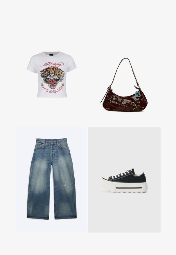 Weißes, kurz geschnittenes T-Shirt mit einem bunten Tiger-Graphic, verziert mit Strassakzenten sowie dem Text "ED HARDY" und "LOS ANGELES" in Rot.; Blaue locker sitzende Denim-Jeans mit ausgewaschenen Bereichen und einem kleinen Riss am rechten Oberschenkel, mit Vordertaschen und Gürtelschlaufen.; Schwarze Canvas-Sneaker mit einer weißen Gummisohle, die eine dicke Plateausohle, weiße Schnürsenkel und kontrastierende Nähte entlang der Nähte aufweisen.; Bordeauxfarbene Lacklederhandtasche mit geschwungener Form, silbernen Hardware-Details und einer dekorativen Schnalle. Verfügt über einen kurzen Tragegurt und einen Reißverschluss.