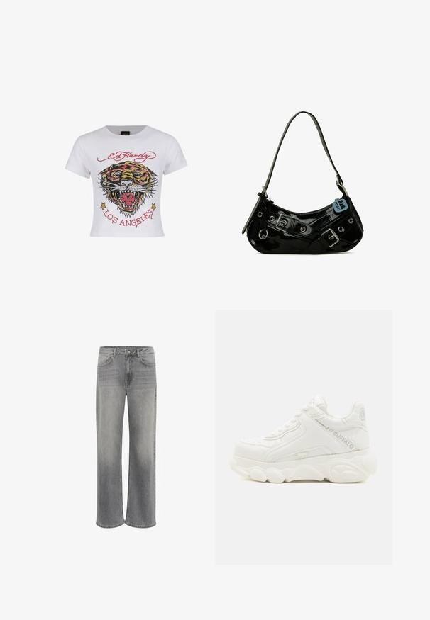 Witte cropped t-shirt met een kleurrijke tijgerafbeelding, versierd met strassaccenten en de tekst "ED HARDY" en "LOS ANGELES" in het rood.; Grijze denim wijdvallende jeans met een hoge taille, vijf zakken, een sluiting met een knoop aan de voorkant en subtiele vervaging op de stof.; Witte chunky sneaker met dikke zool, vetersluiting en "Buffalo"-branding op de zijkant en hiel.; Zwarte gepatineerde leren handtas met een gebogen vorm, voorzien van zilveren hardware, decoratieve sluitingen en een korte schouderband. Blauwe label bevestigd.
