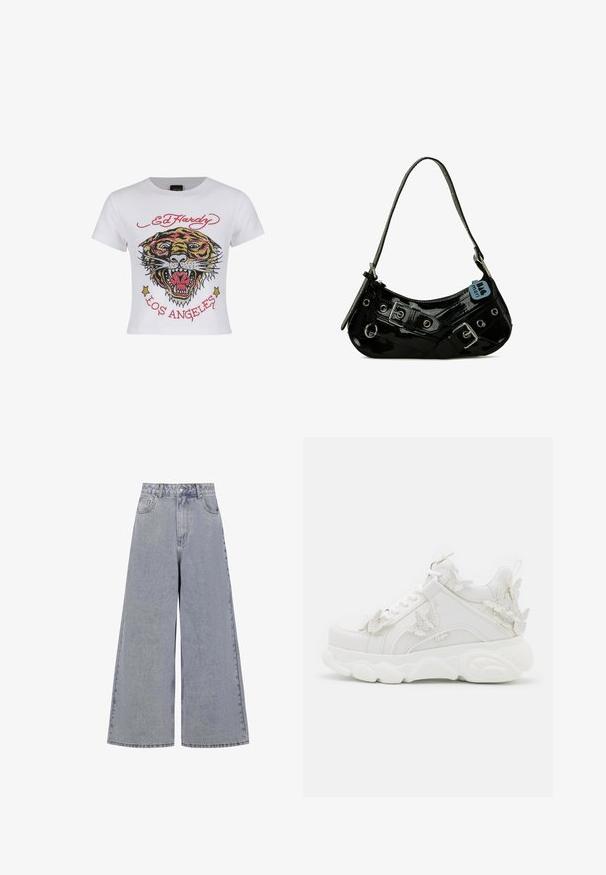 Hvid cropped t-shirt med et farverigt tiger grafik med rhinsten og teksten "ED HARDY" og "LOS ANGELES" i rød.; Lysblå bredbenede jeans lavet af denim, med høj talje, fire lommer og en klassisk knaplukning med subtil slid.; Hvid chunky sneaker med tyk sål og dekorative 3D sommerfugle detaljer på siden, snørebånd og hæl.; Sort lakeret skuldertaske med en buet form, udsmykket med sølvhardware, dekorative spænder og en kort rem. Blå mærkat vedhæftet.