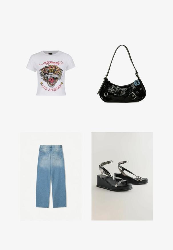 Weißes, kurz geschnittenes T-Shirt mit einem bunten Tiger-Graphic, verziert mit Strassakzenten sowie dem Text "ED HARDY" und "LOS ANGELES" in Rot.; Helleblaue Denim-Jeans mit geradem Bein, ausgestattet mit zwei Gesäßtaschen und einer ausgebleichten Textur im oberen Bereich.; Schwarze Wedge-Sandalen mit metallischen Riemenakzenten und kreisförmigen Ausschnitten. Glattes Lederfinish mit weißen Nähten.; Schwarze Lackleder-Handtasche mit geschwungener Form, ausgestattet mit silbernem Beschlag, dekorativen Schnallen und einem kurzen Griff. Blaue Anhängeschild befestigt.