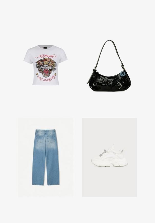 Weißes, kurz geschnittenes T-Shirt mit einem bunten Tiger-Graphic, verziert mit Strassakzenten sowie dem Text "ED HARDY" und "LOS ANGELES" in Rot.; Helleblaue Denim-Jeans mit geradem Bein, ausgestattet mit zwei Gesäßtaschen und einer ausgebleichten Textur im oberen Bereich.; Weißer klobiger Sneaker mit dicker Sohle und dekorativem silbernen Stern und Perlen auf den Schnürsenkeln, seitlich auf einem einfarbigen Hintergrund gezeigt.; Schwarze Lackleder-Handtasche mit geschwungener Form, ausgestattet mit silbernem Beschlag, dekorativen Schnallen und einem kurzen Griff. Blaue Anhängeschild befestigt.