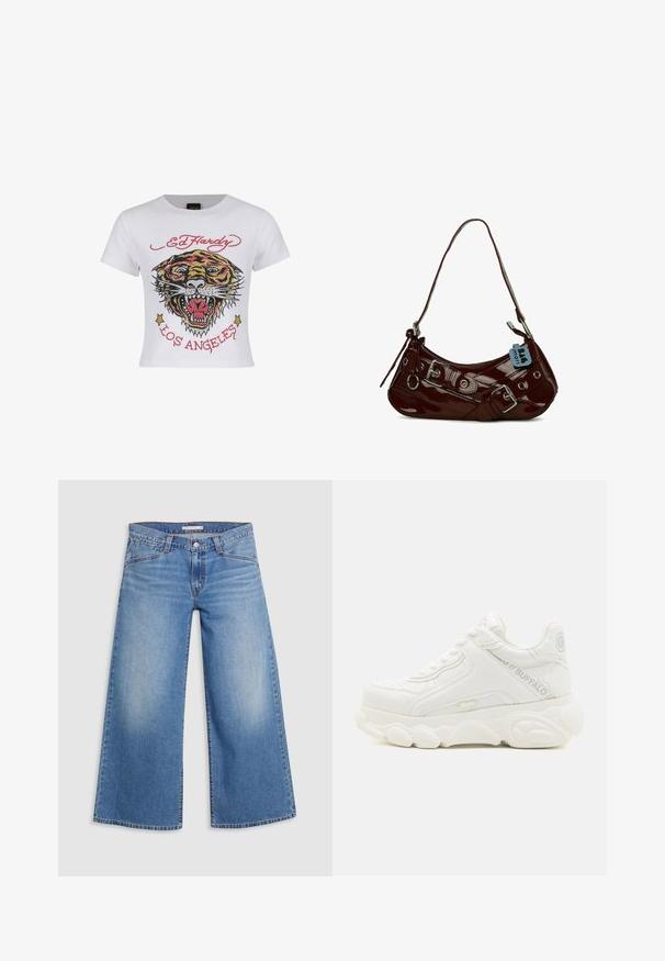 Hvid cropped t-shirt med et farverigt tiger grafik med rhinsten og teksten "ED HARDY" og "LOS ANGELES" i rød.; Lysblå vidde jeans lavet af denim, med høj talje, klassisk fem-lomme design og subtile falmning langs benene.; Hvid chunky sneaker med tyk sål, snørelukning og "Buffalo" branding på siden og hælen.; Bordeaux patentskinds læder håndtaske med en buet form, sølv hardware detaljer og en dekorativ spænde. Har en kort rem og lynlås lukning.