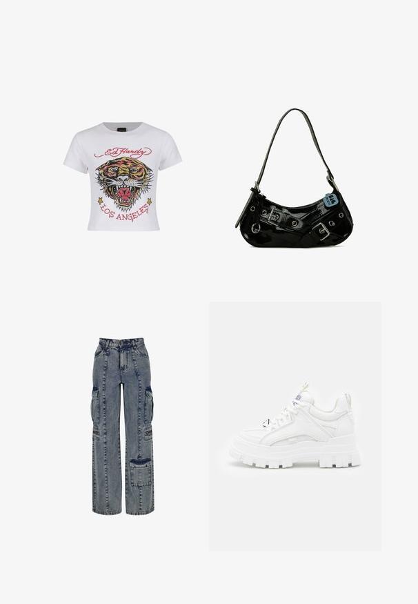Hvid cropped t-shirt med et farverigt tiger grafik med rhinsten og teksten "ED HARDY" og "LOS ANGELES" i rød.; Denim cargo bukser i lyseblå. Har vide ben, flere sidelommer og kontrasterende mørke denim detaljer. Struktureret med synlige sømme.; Hvide chunky sneakers med en tekstureret overdel, polstret krave og tyk, rillede sål. Har kontrastfarvede sorte snørebånd og brandingdetaljer.; Sort lakeret skuldertaske med en buet form, udsmykket med sølvhardware, dekorative spænder og en kort rem. Blå mærkat vedhæftet.