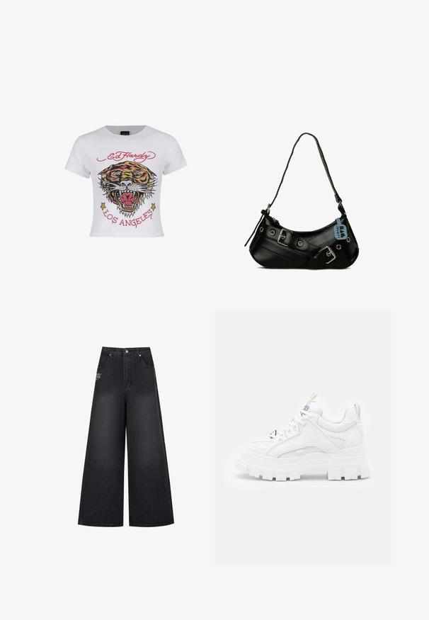 Weißes, kurz geschnittenes T-Shirt mit einem bunten Tiger-Graphic, verziert mit Strassakzenten sowie dem Text "ED HARDY" und "LOS ANGELES" in Rot.; Schwarze Denim-Hosen mit weitem Bein und hoher Taille, die dezente Stickdetails und ein kleines Logo auf der linken vorderen Tasche aufweisen.; Weiße klobige Sneakers mit einer strukturierten Oberseite, gepolstertem Schaft und dicker, gerippter Sohle. Verfügt über kontrastierende schwarze Schnürsenkel und Branding-Details.; Schwarze synthetische Handtasche mit geschwungener Form, verstellbarem Riemen und dekorativen Metall-Schnallen. Besitzt eine glatte, glänzende Textur.